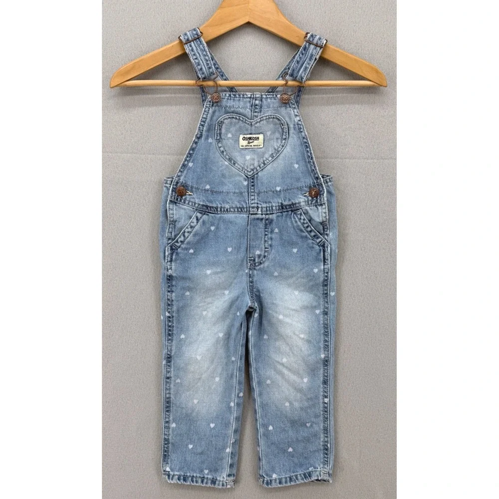 OshKosh B'gosh‎ Vestbak Denim Overalls Toddler 2T Blue Heart Print Heart Pocket